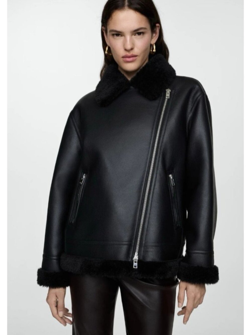 MNG Mango Faux Shearling Moto Jacket M Black Faux Leather Asymmetric Zip Biker - Picture 3 of 14